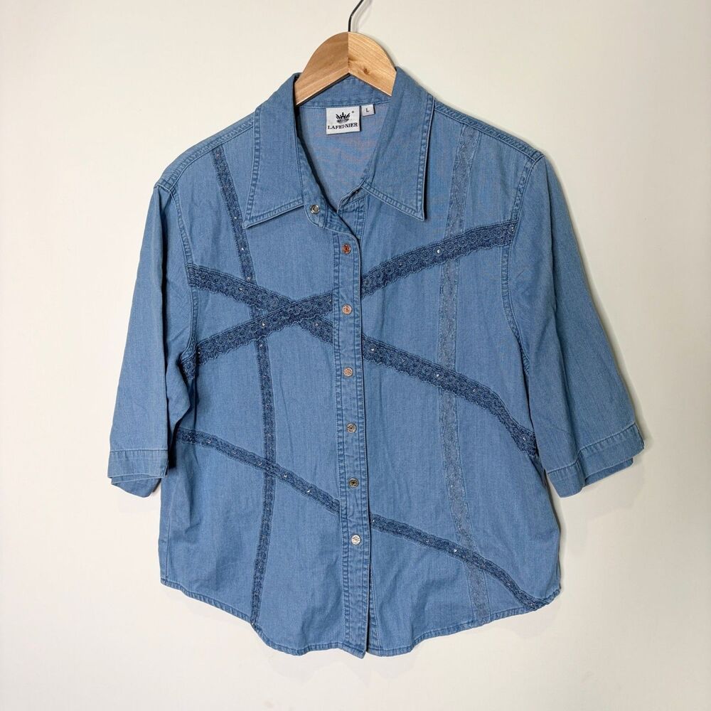 Lafei-Nier Button Up Short Sleeve Chambray Denim Lace Trim Boho Western Women L
